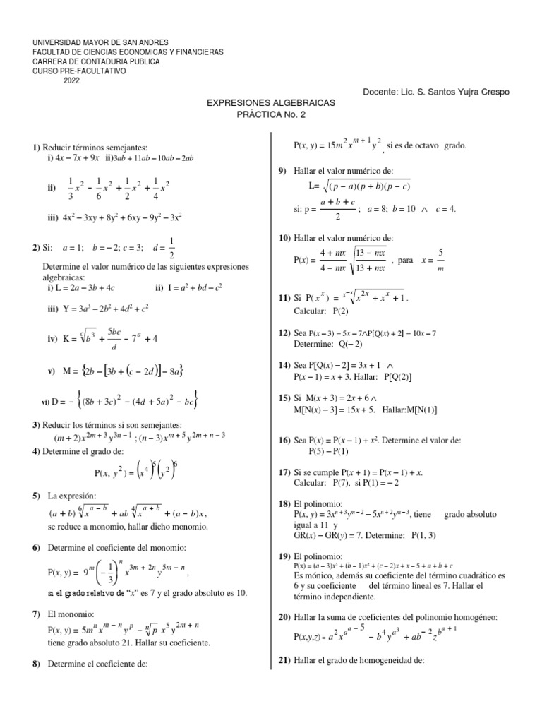 Práctica de Expresiones Algebraicas 2022 | PDF | Álgebra | Análisis ...