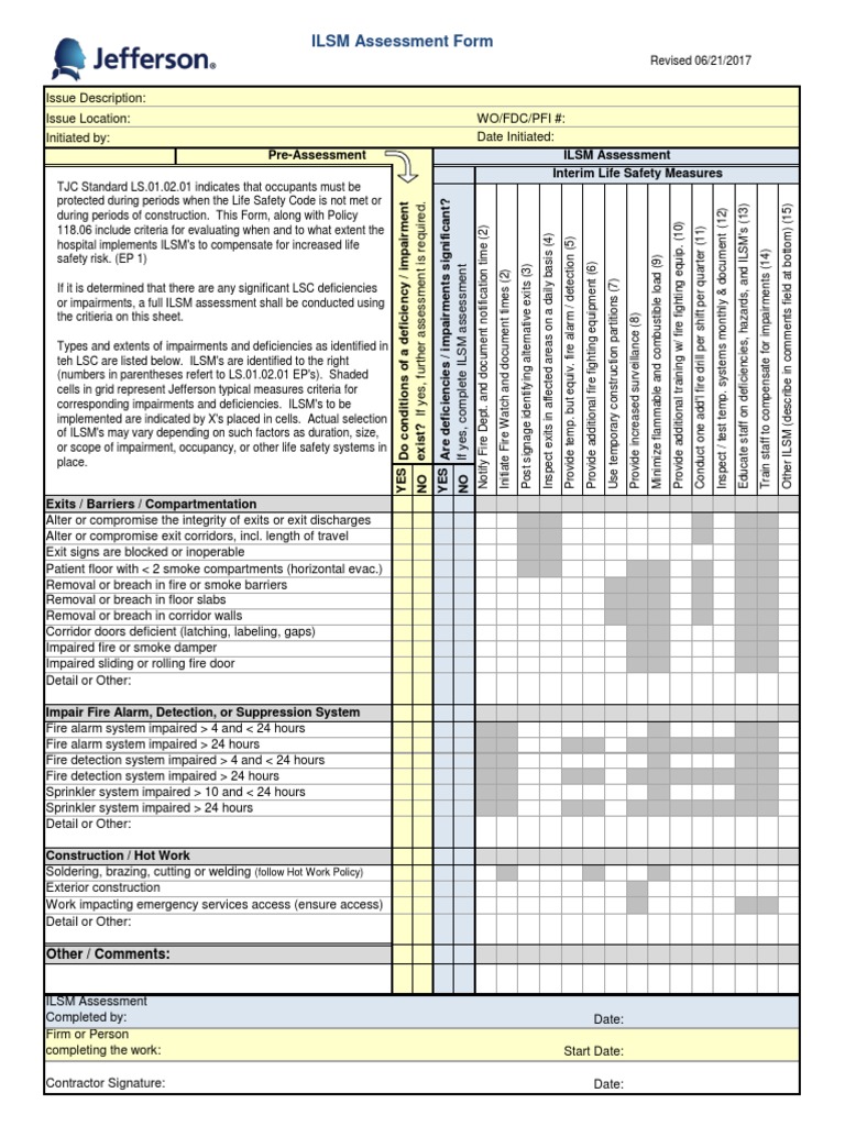 ILSM Assessment Checklist for Hospitals | PDF | Firefighting | Safety