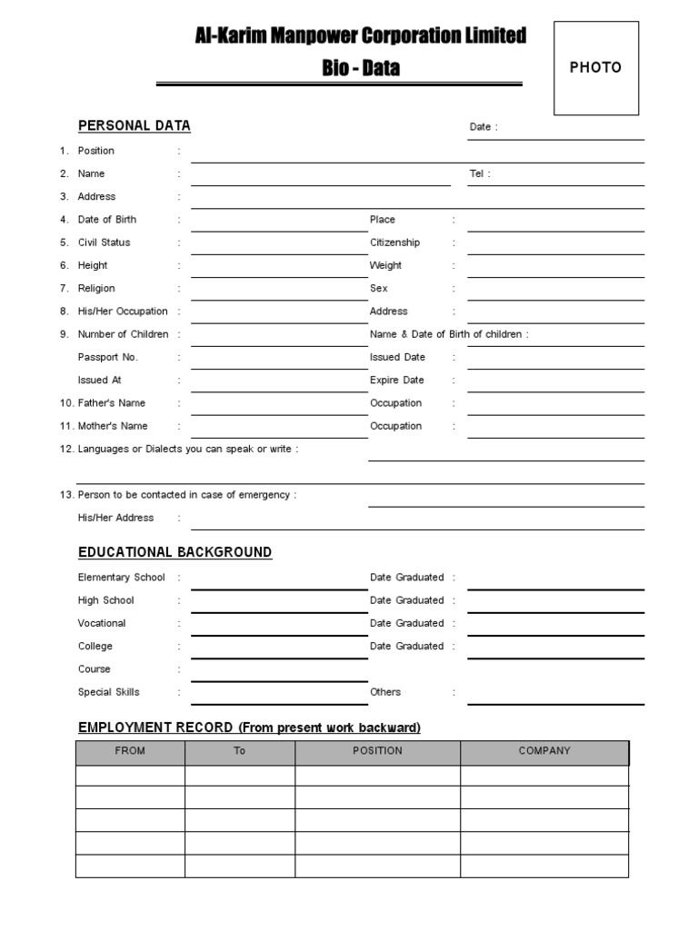 Personal Data Bio-Data Template | PDF | Wellness