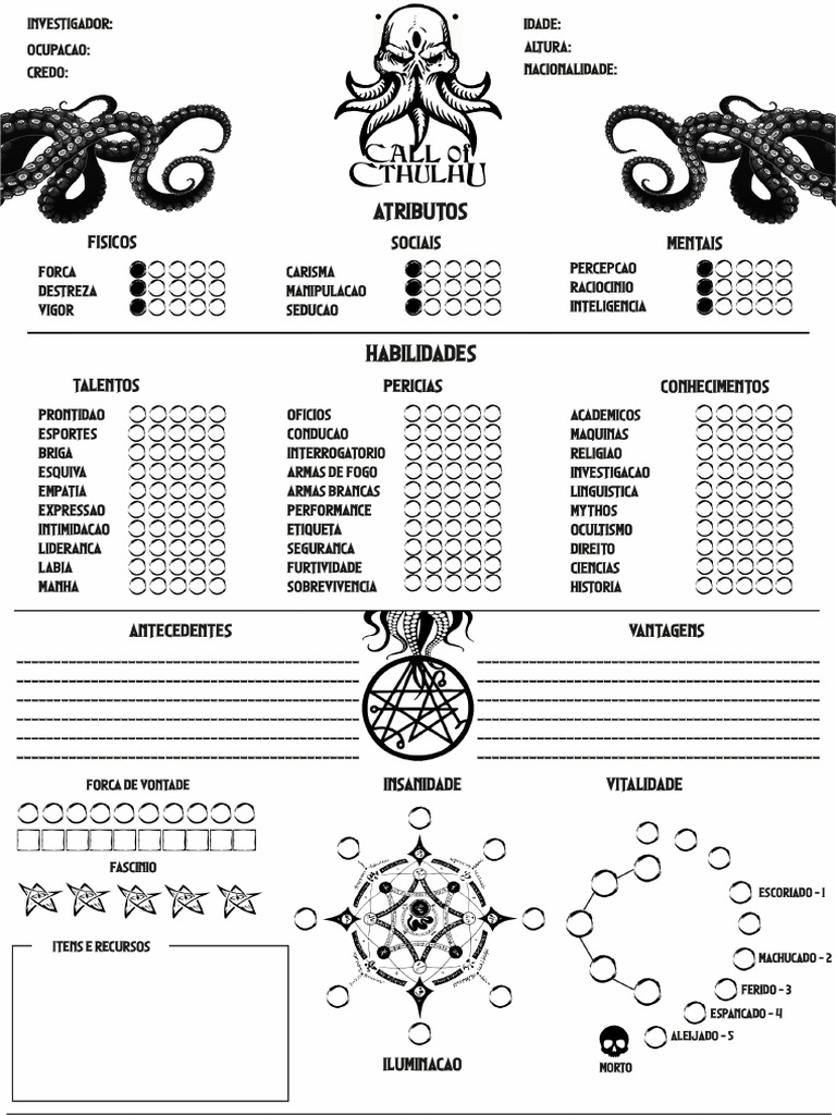 Ficha Call of Cthulhu - Fundo Branco PNG | PDF