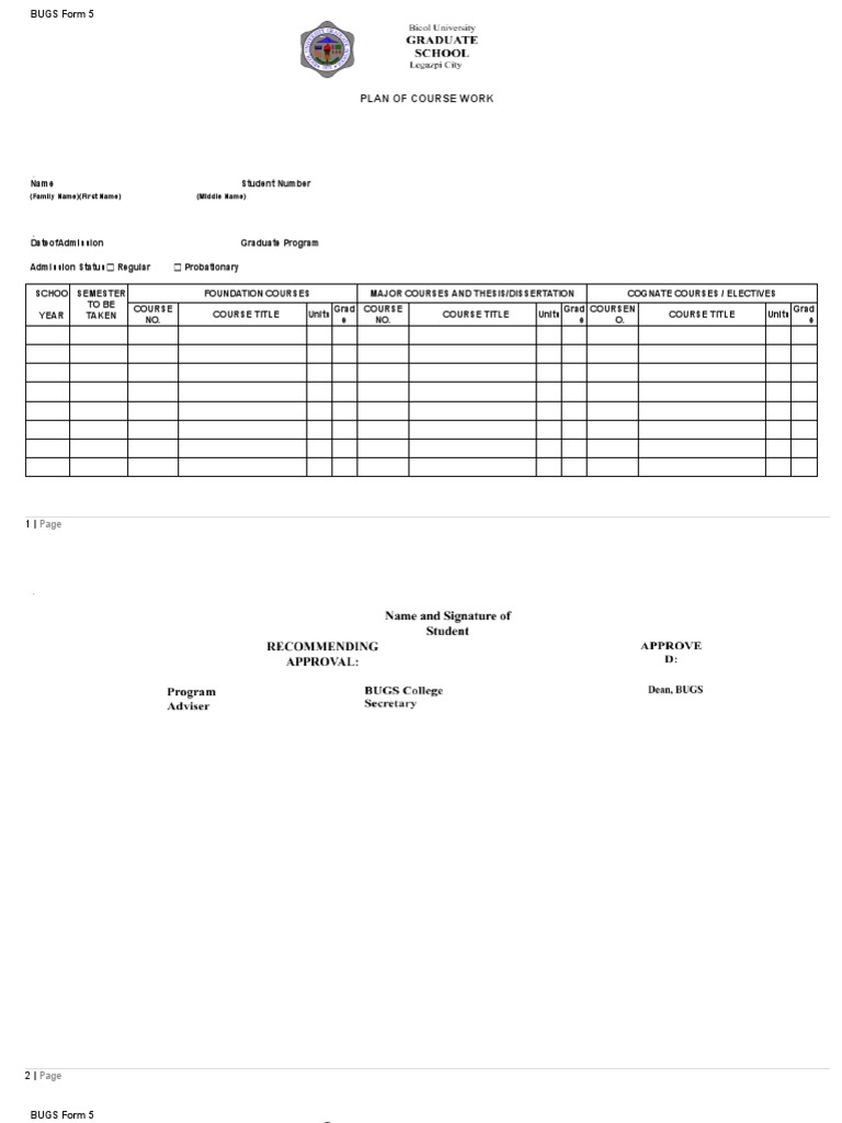 Fillable BUGS Plan of Course Work MS Word | PDF | Thesis | Academia