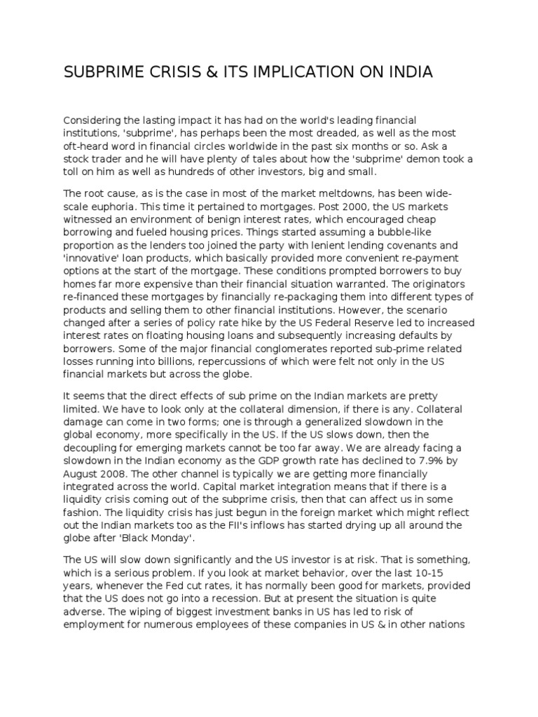 Subprime Crisis Its Implication On India Download Free Pdf