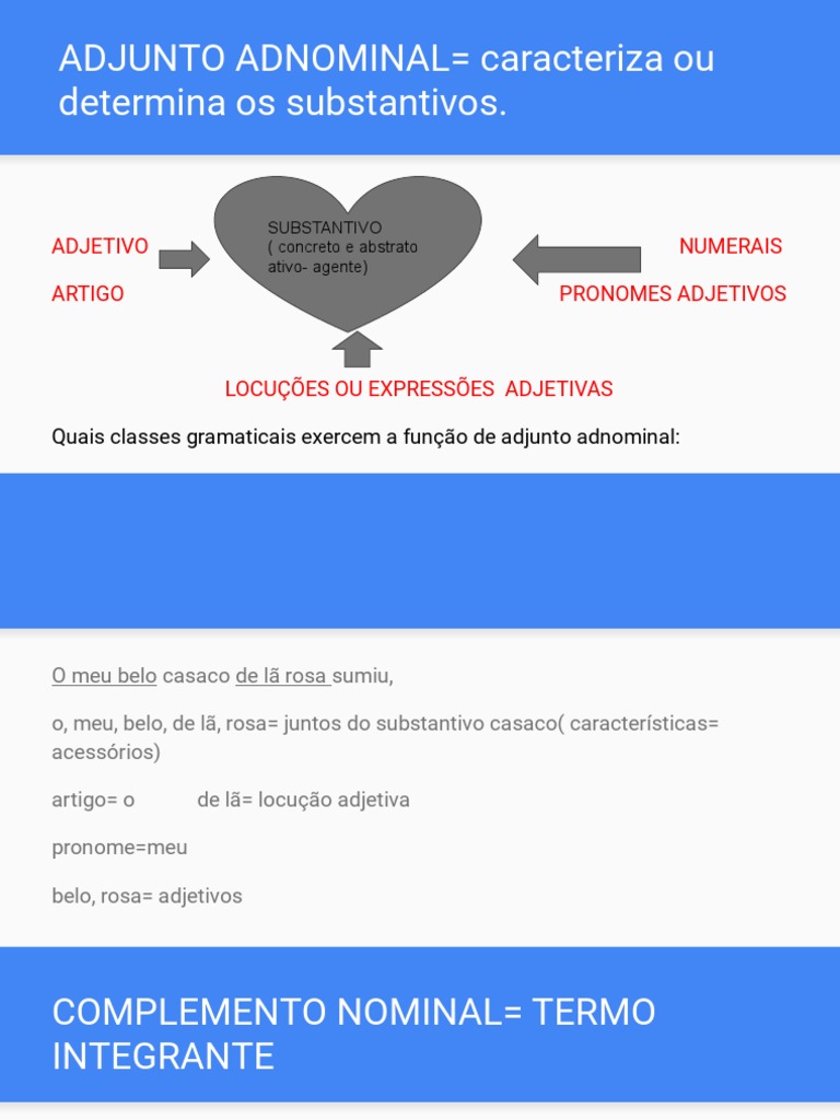 ADJUNTO ADNOMINAL Caracteriza Ou Determina Os Substantivos. | PDF ...