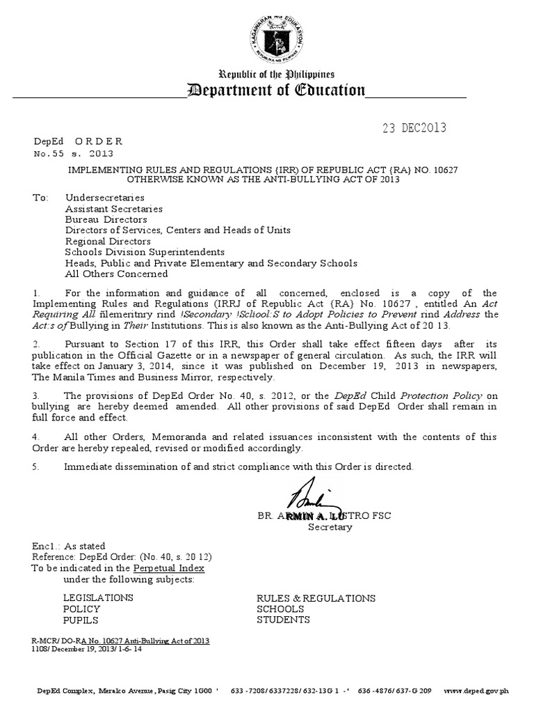 DepEd Order No. 55: Anti-Bullying Policy | PDF | Bullying | Schools