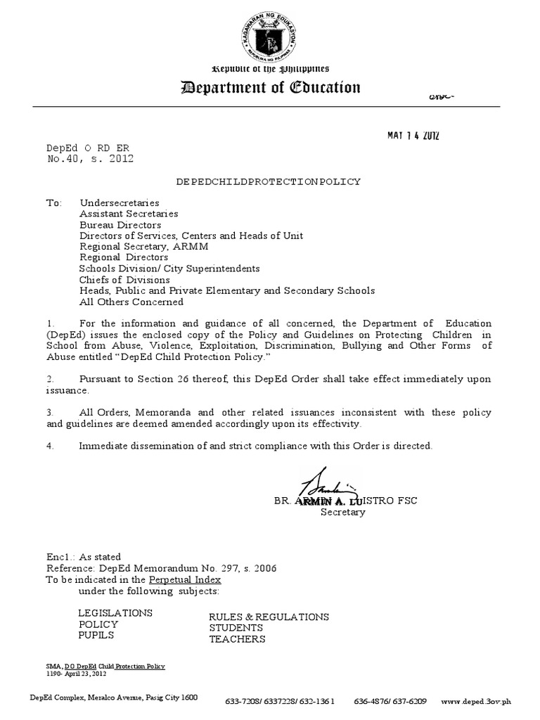 DepEd Child Protection Policy 2012 | PDF | Violence | Children's Rights