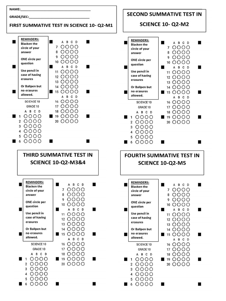 Q2 Science 10 Q2 Summ Test Ans Sheet | PDF