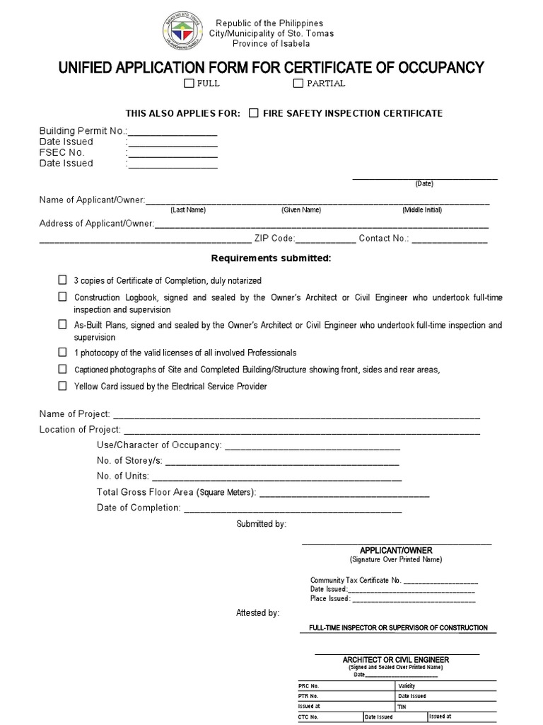 3 Unified Application Form For Certificate of Occupancy - DPWH | PDF