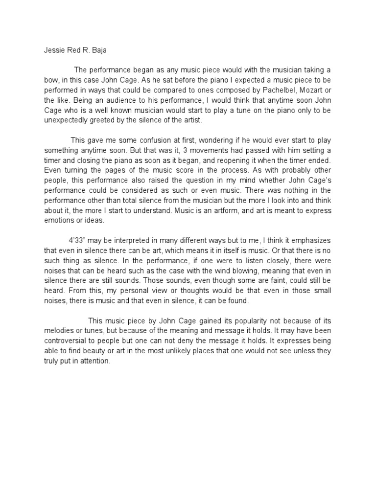 Reaction Paper On John Cage's 4'33 | PDF