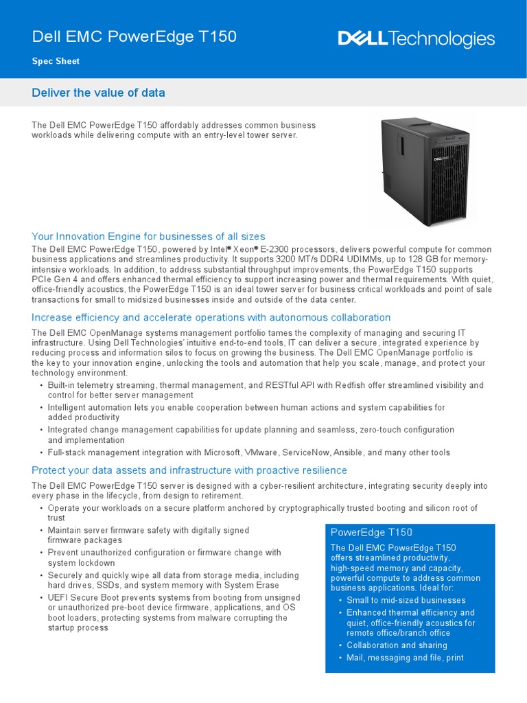 Dell Emc Poweredge t150 Spec Sheet PDF Solid State Drive Booting