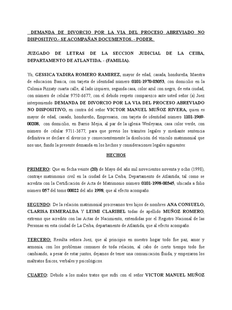 Demanda de Divorcio Proceso Abreviado | PDF | Divorcio | Demanda judicial