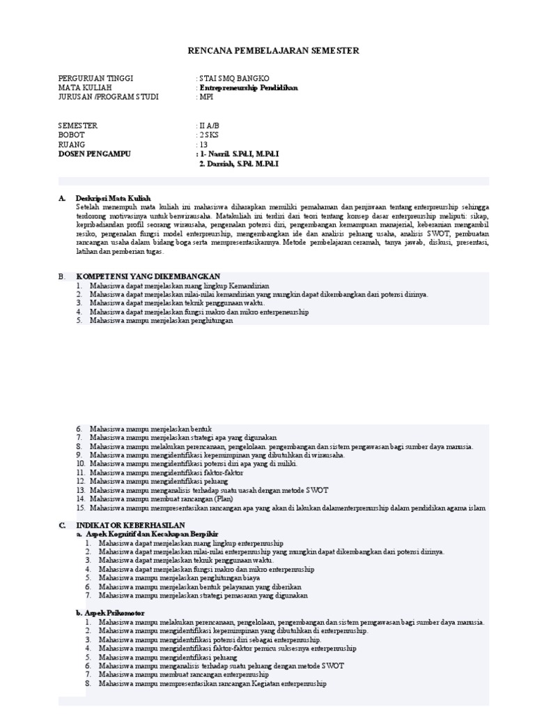 RPS Mata Kuliah Entrepreneurship | PDF