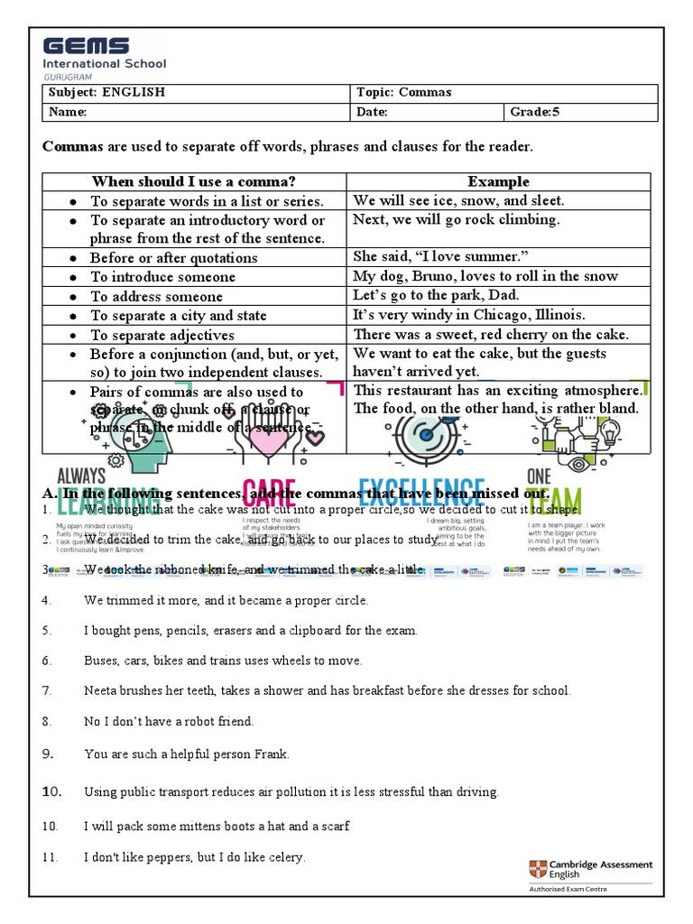 Commas-Worksheet, Grade-V | PDF | Comma | Linguistics