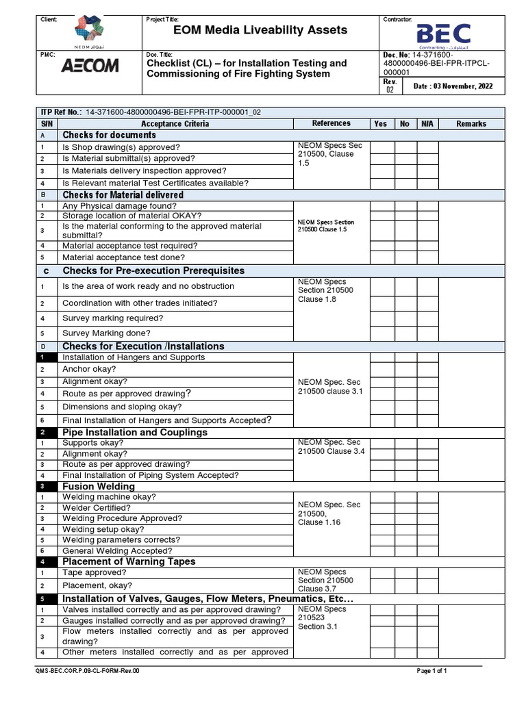 Fire Fighting System Installation Checklist | PDF | Mechanical ...