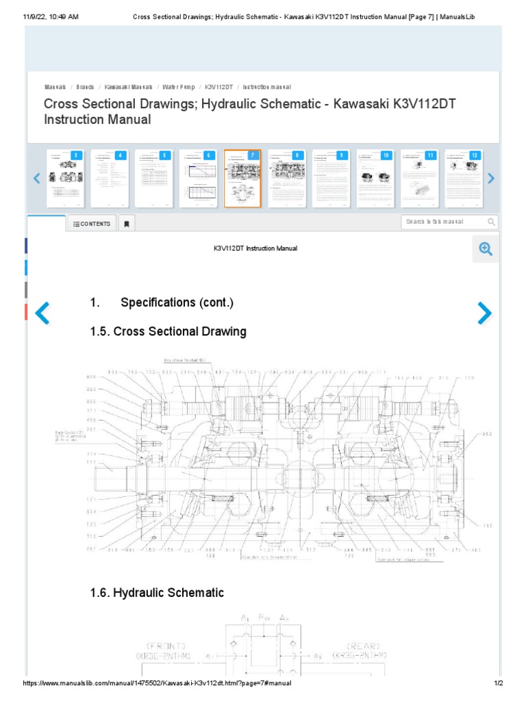 Cross Sectional Drawings Hydraulic Schematic Kawasaki K3V112DT Instruction Manual (Page 7