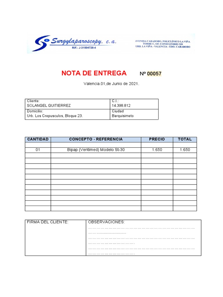 Nota de Entrega Bipap Ventimed ST-30 | PDF | Negocios | Finanzas y dinero