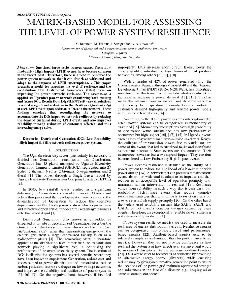 MatrixBased Model For Assessing The Level of Power System Resilience PDF Electric Power