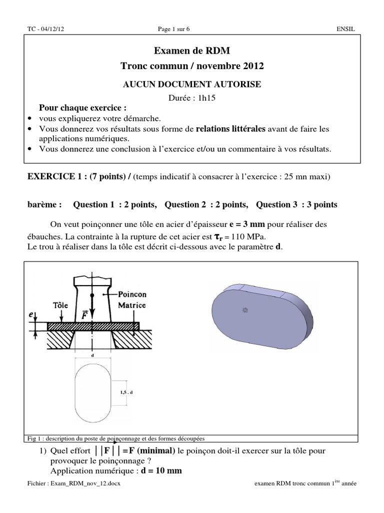 Examen RDM 1ère année - Novembre 2012 | PDF | Résistance des matériaux ...