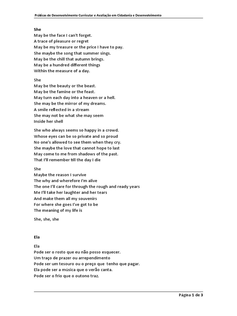 Grupo A Anexo III Letra Música SHE | PDF | Amor