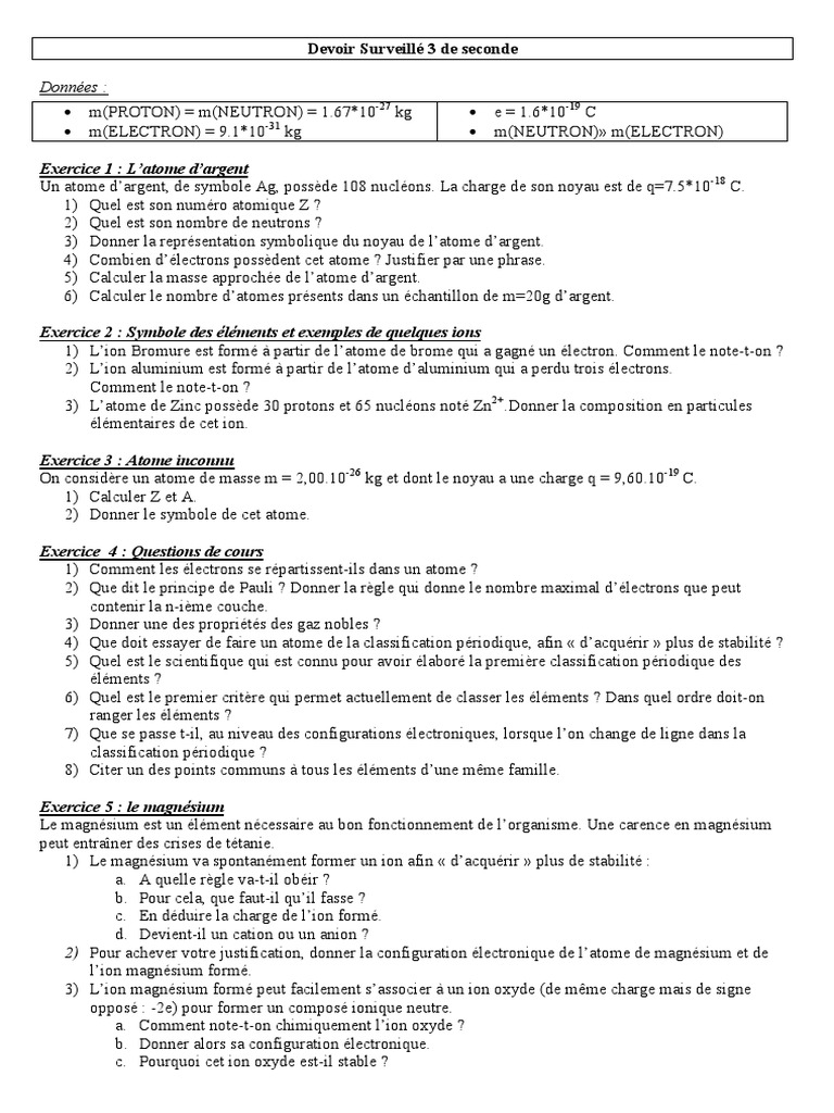 Atome d'Argent et Ions : Exercices Corrigés | PDF | Atomes | Ion