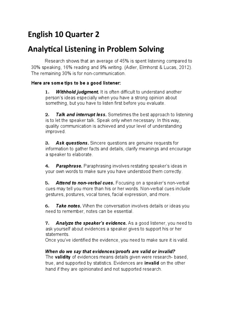 analytical listening in problem solving grade 10 module