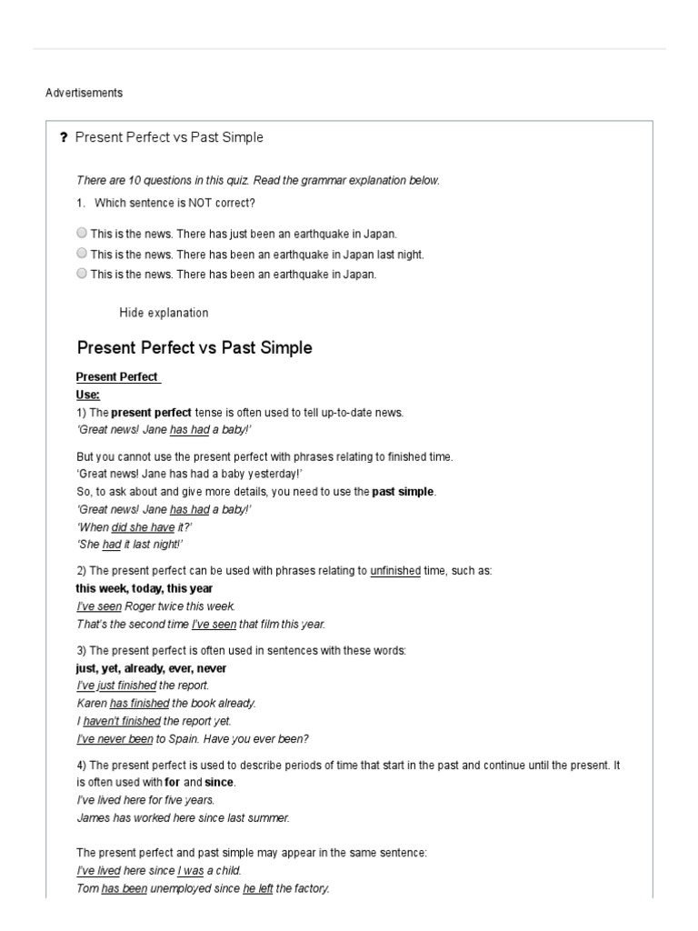 B1 Grammar - Present Perfect Vs Past Simple | PDF | Verb | Human ...