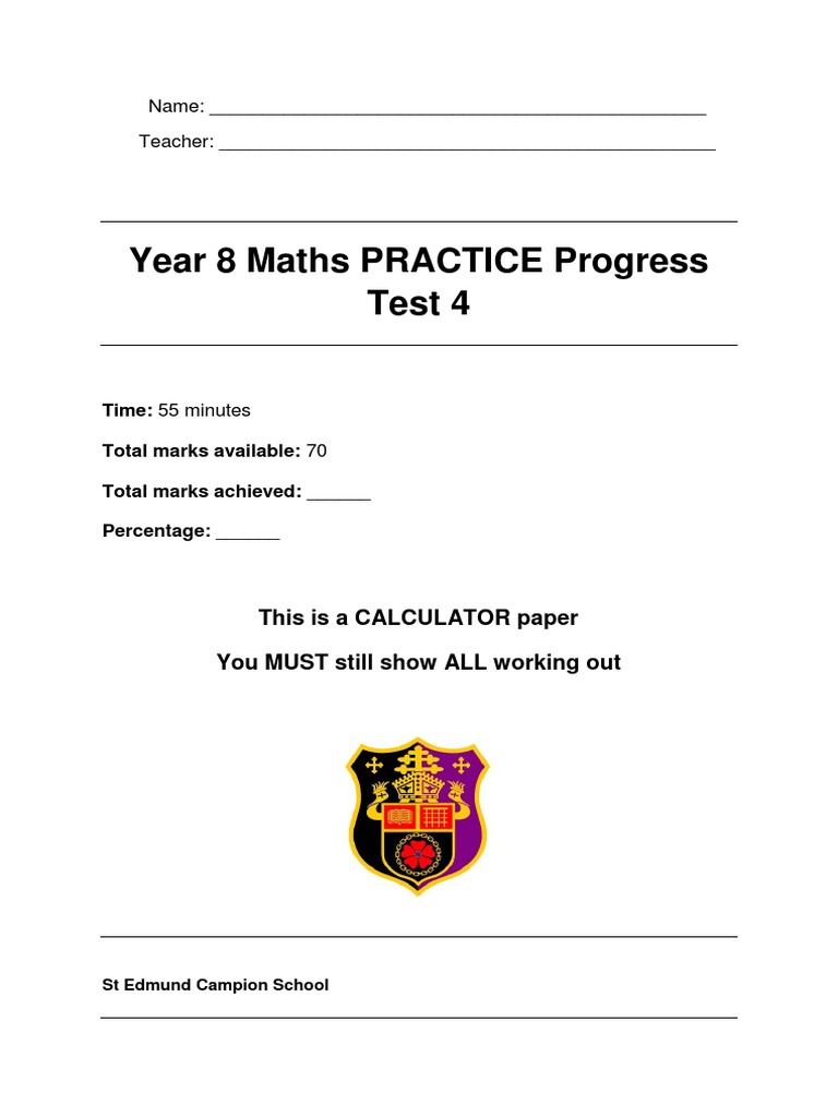PRACTICE TEST Year 8 Maths Progress Test 4 PDF Significant Figures Mathematics
