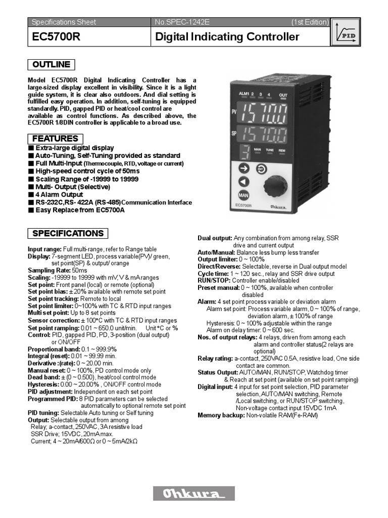 EC5700R DIGITAL INDICATING CONTROLLER Specification Sheet PDF