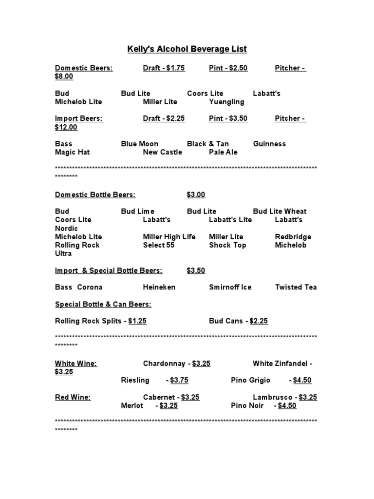 Kelly's Beverage Menu and Prices | PDF | Cooking, Food & Wine