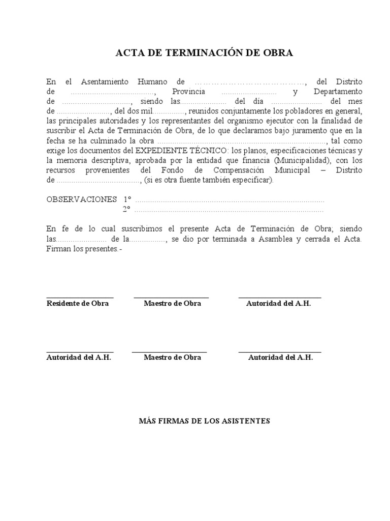 Modelo de Acta Terminacion de Obra