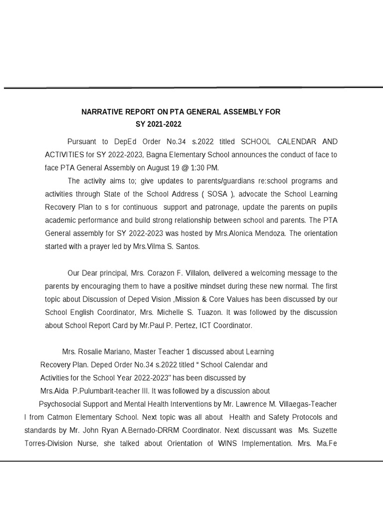 Narrative Report On Pta General Assembly PDF Health Sciences