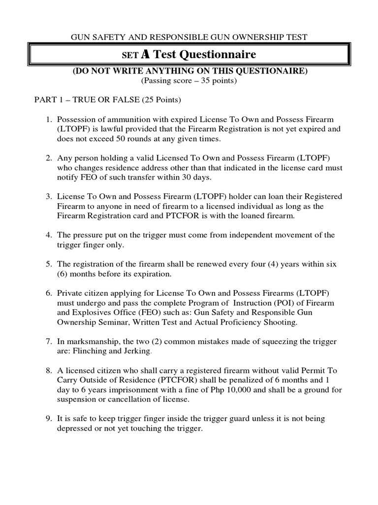 Test Questionnaire Set A PDF Overview Of Gun Laws By Nation Firearms