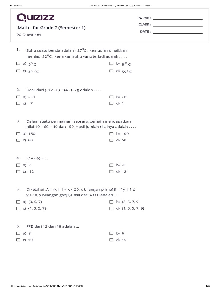 Math For Grade 7 Semester 1 Print Quizizz Pdf