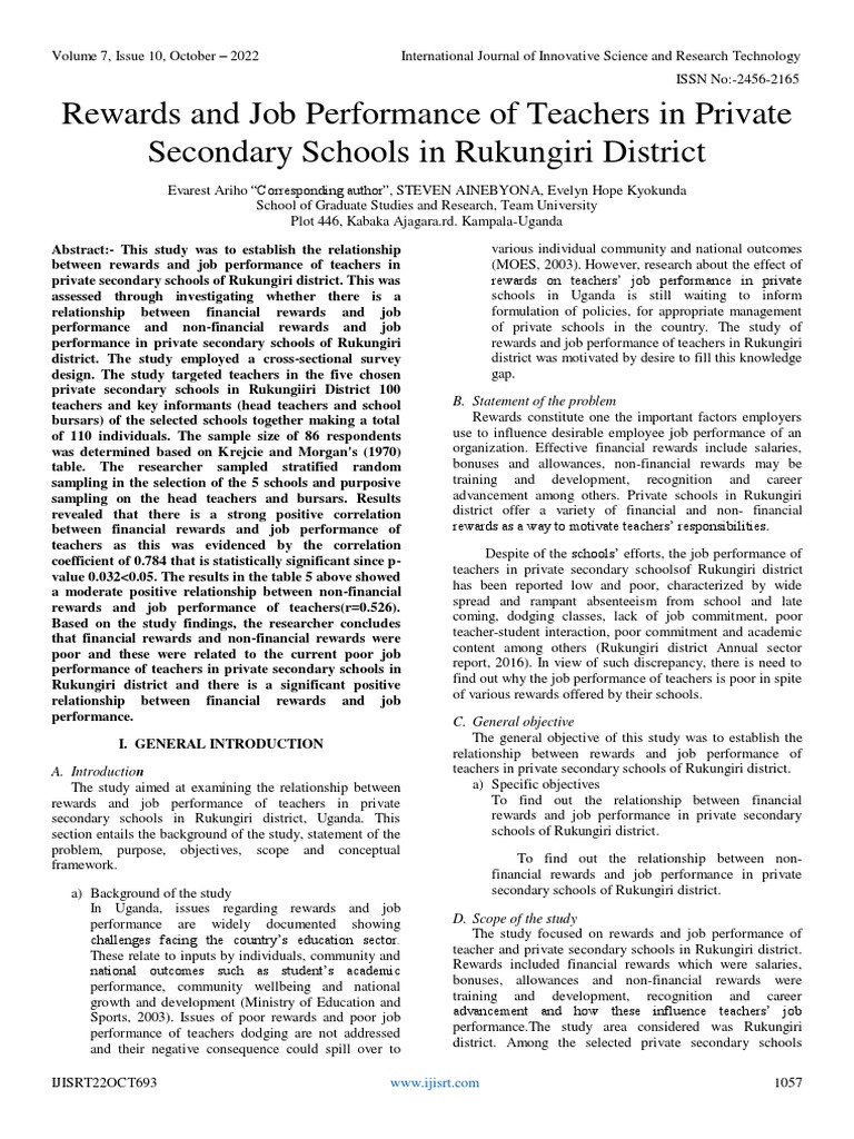 Rewards and Job Performance of Teachers in Private Secondary Schools in Rukungiri District PDF
