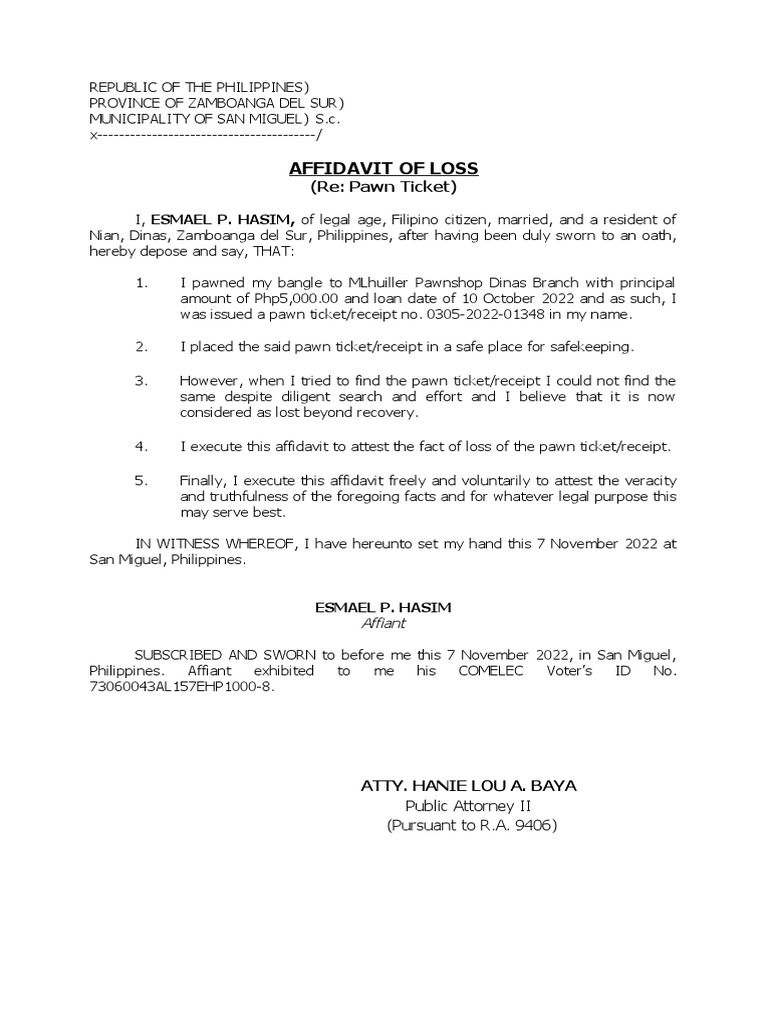 Affidavit of Loss Pawn Ticket Esmael | PDF
