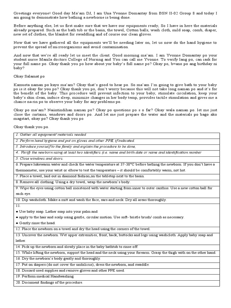 Demonstration of Newborn Bathing Procedure by Nursing Student PDF