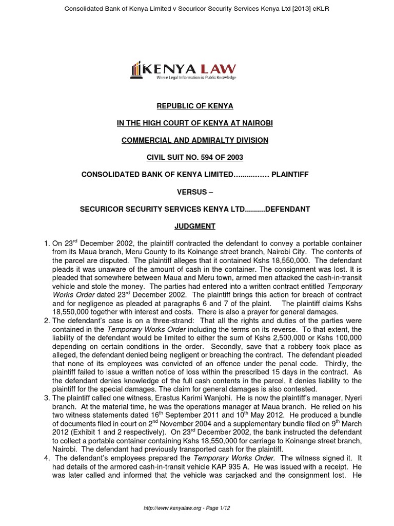 Civil Suit 594 of 2003 PDF Negligence Legal Liability