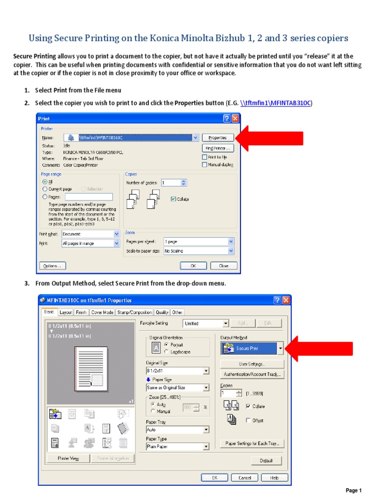 Secure Printing On Konica Minolta PDF Photocopier Menu