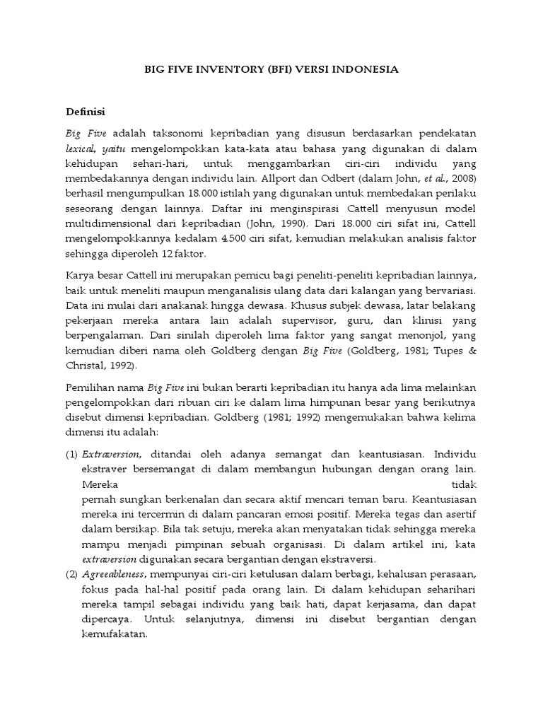 Big Five Inventory: Panduan Lengkap BFI | PDF