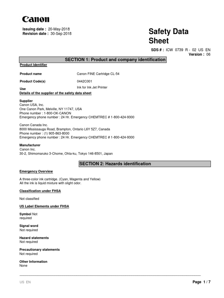 Safety Data Sheet for Canon FINE Cartridge CL-54 Ink | PDF | Dangerous ...