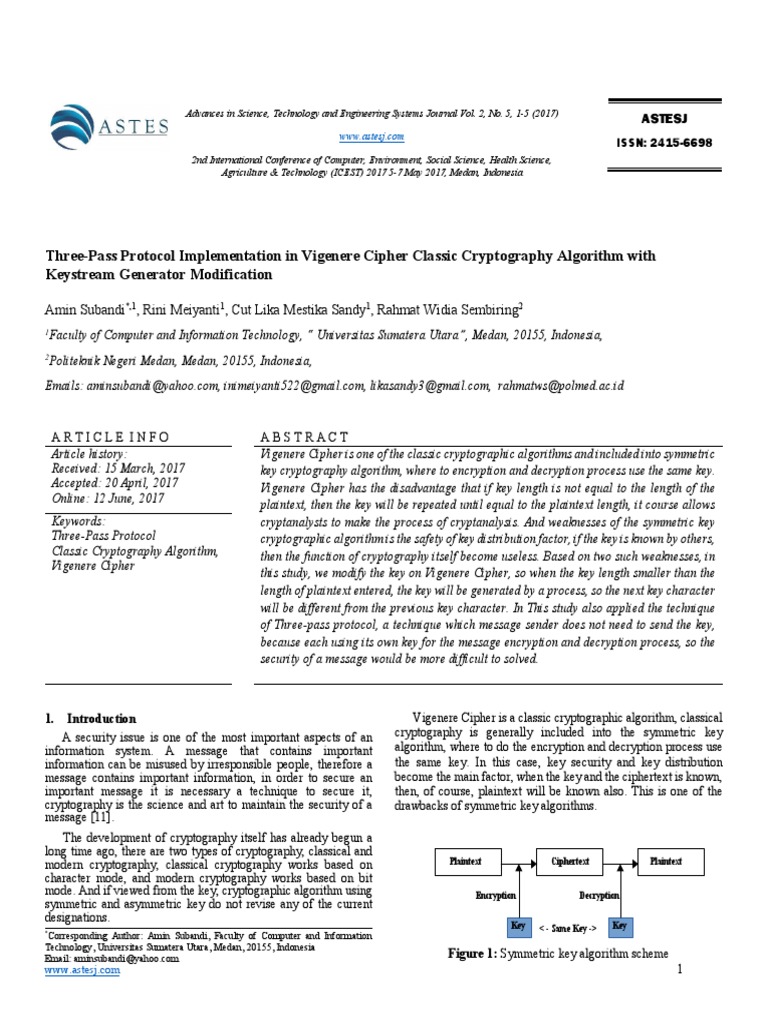 Three-Pass Protocol Implementation in Vigenere Cipher Classic ...