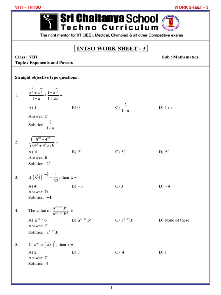 Class 8 Math: Exponents & Powers Worksheet | PDF | Mathematics