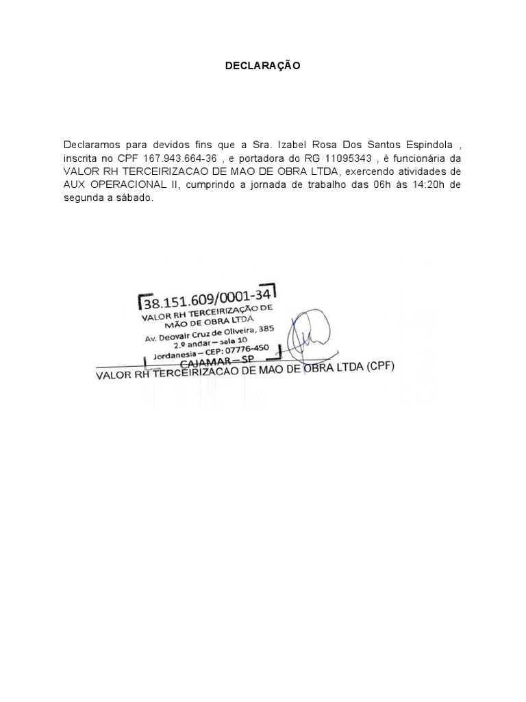 Declaracao de Trabalho PDF