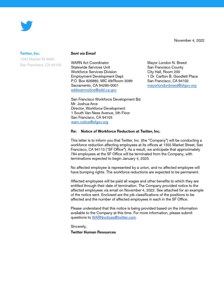 Twitter CA and NY WARN Notices PDF Employment Layoff