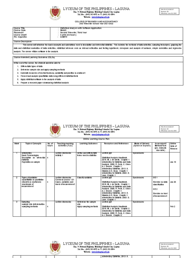 Statistical Analysis Course Syllabus | PDF | Statistics | Methodology