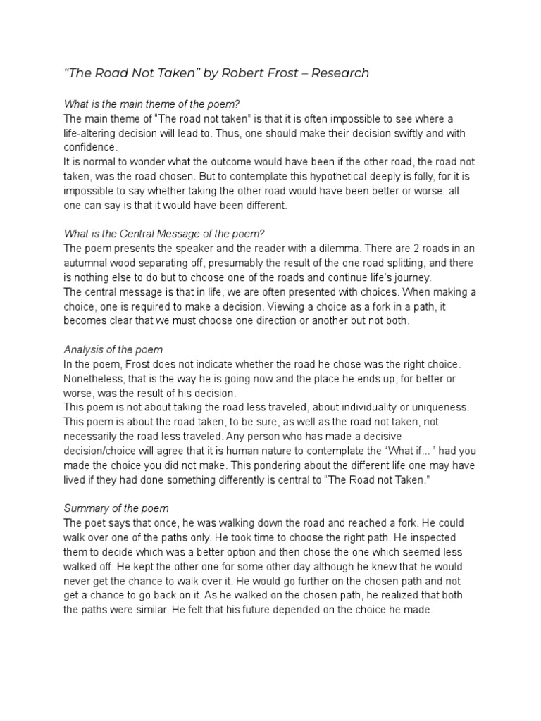"The Road Not Taken" by Robert Frost - Research | PDF