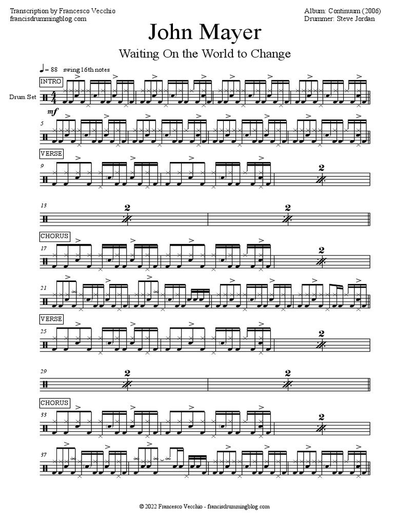 John mayer waiting on the world to change drum sheet music pdf