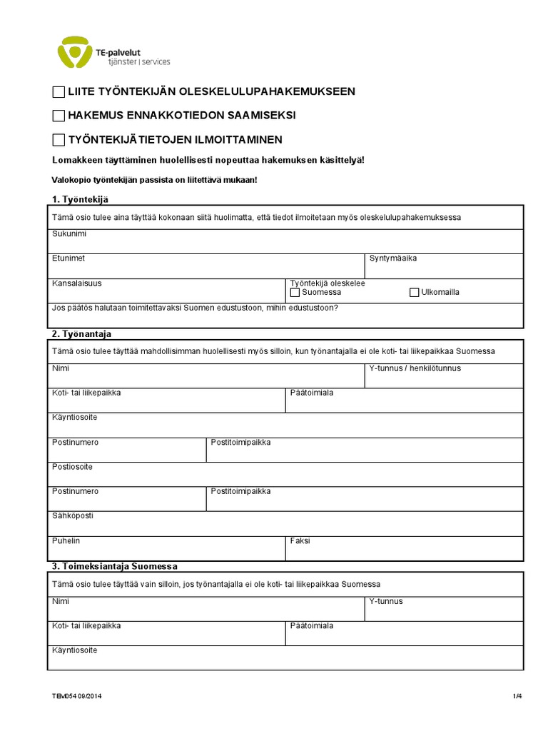 Liite Työntekijän Oleskelulupahakemukseen, TEM054 (Fi) | PDF