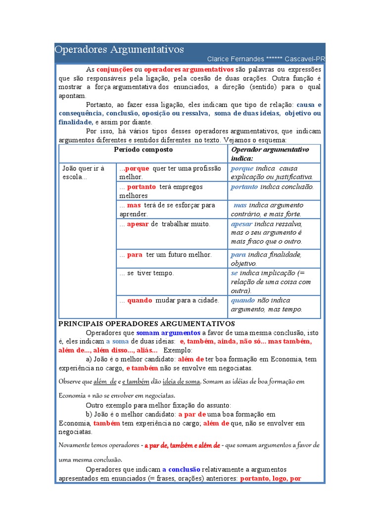 Operadores Argumentativos: Funções, Tipos, Exemplos – OXDQH