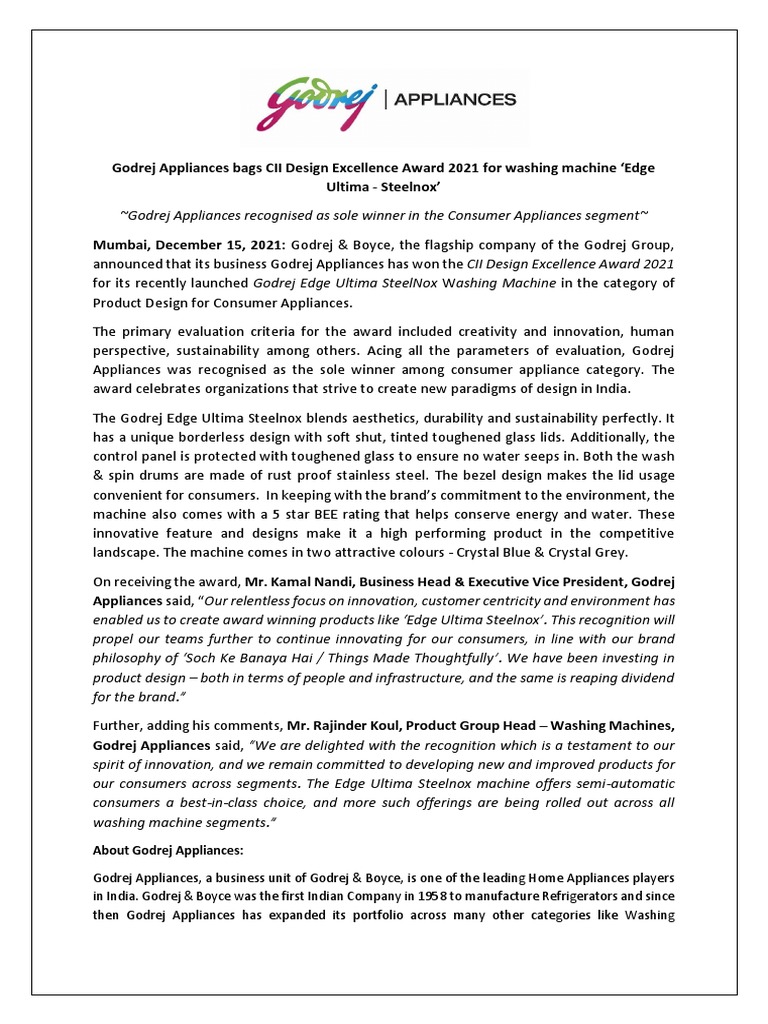 About Godrej Appliances PDF Home Appliance Manufactured Goods