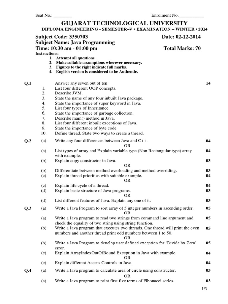 Diploma Winter 2014 | PDF | Java (Programming Language) | Programming